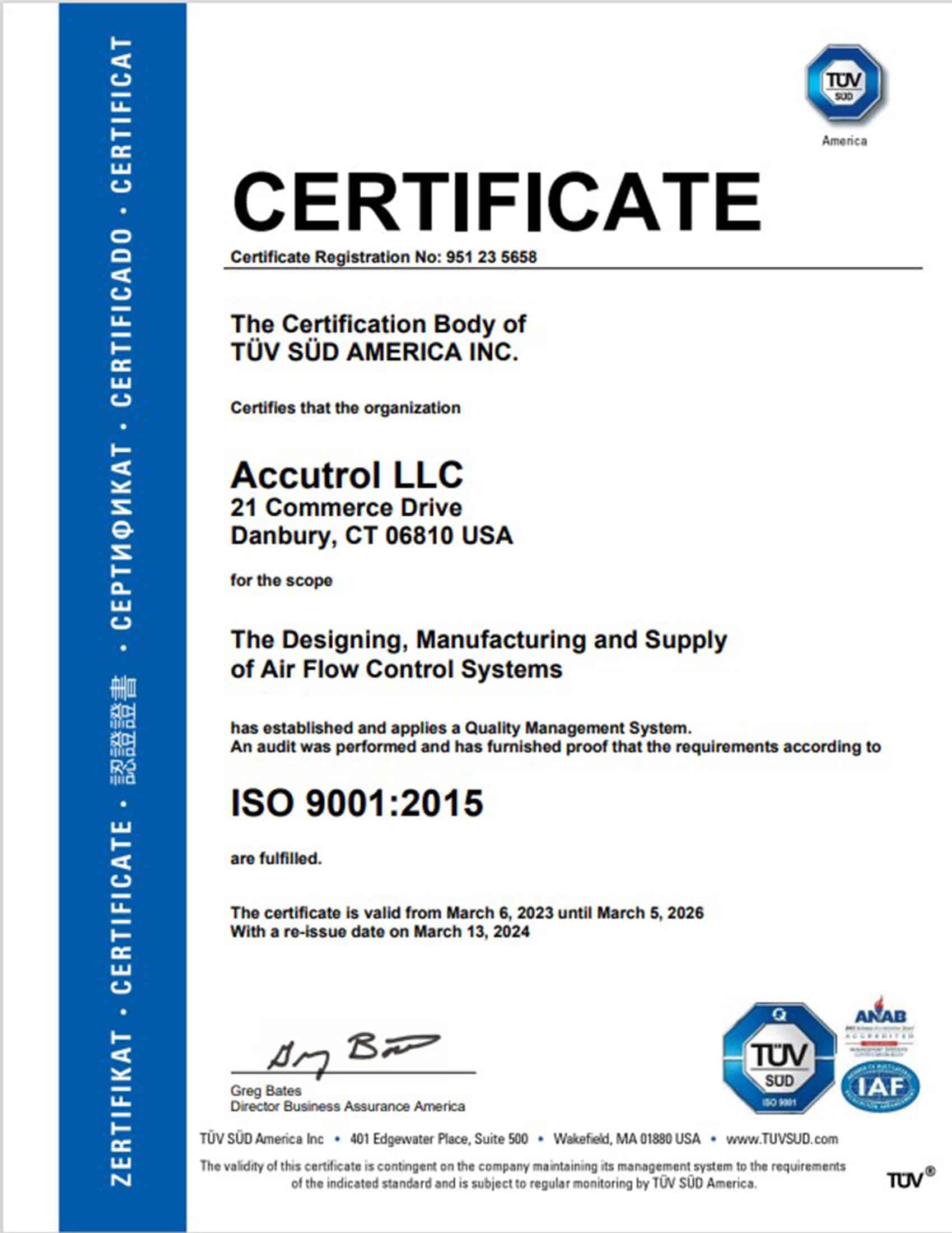 Accutrol LLC ISO 9001 2015 Certificate